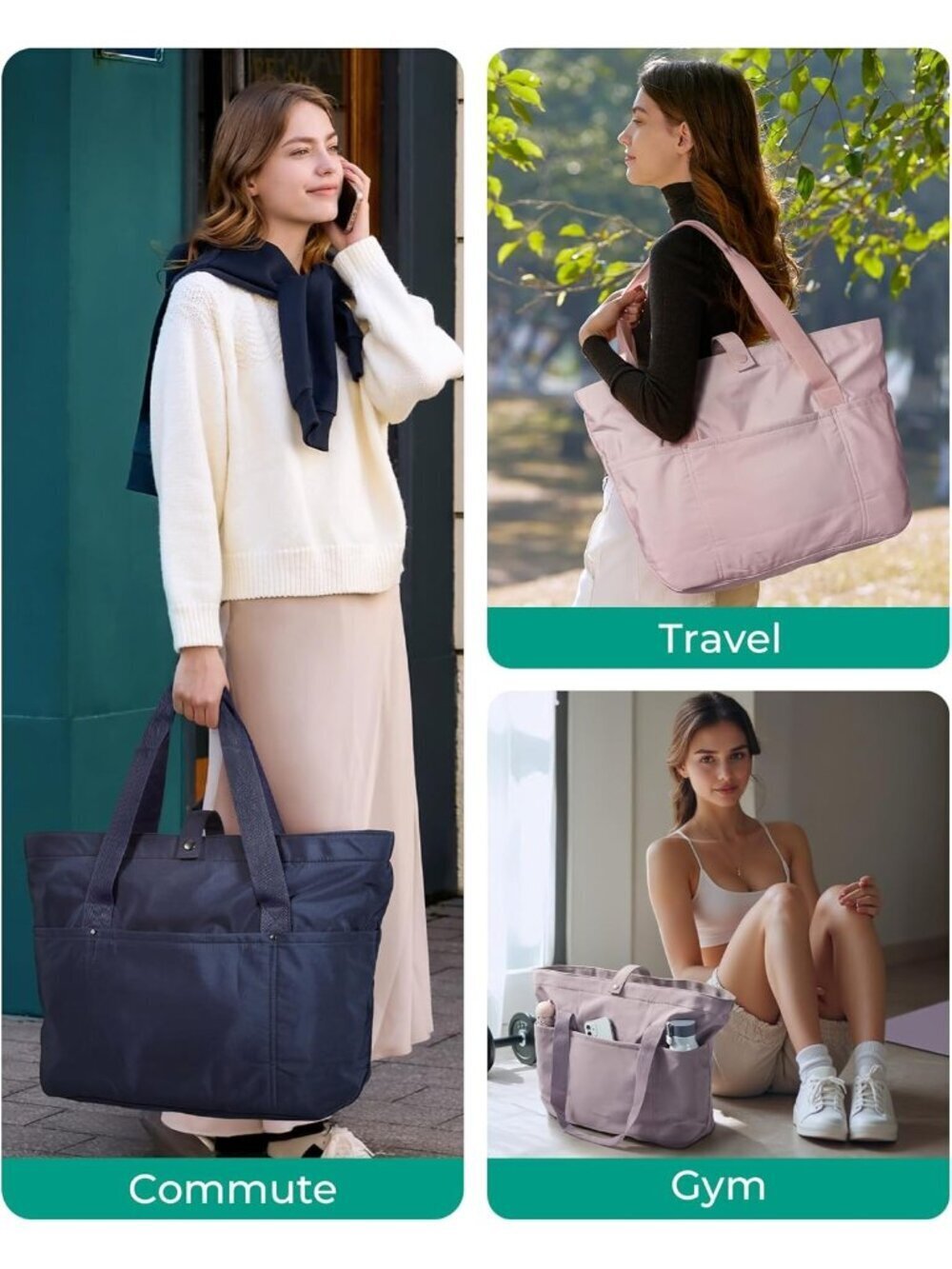 Women Beige Large Foldable Tote Bag Zipper Travel Work Shoulder Bag - Picture 2 of 6